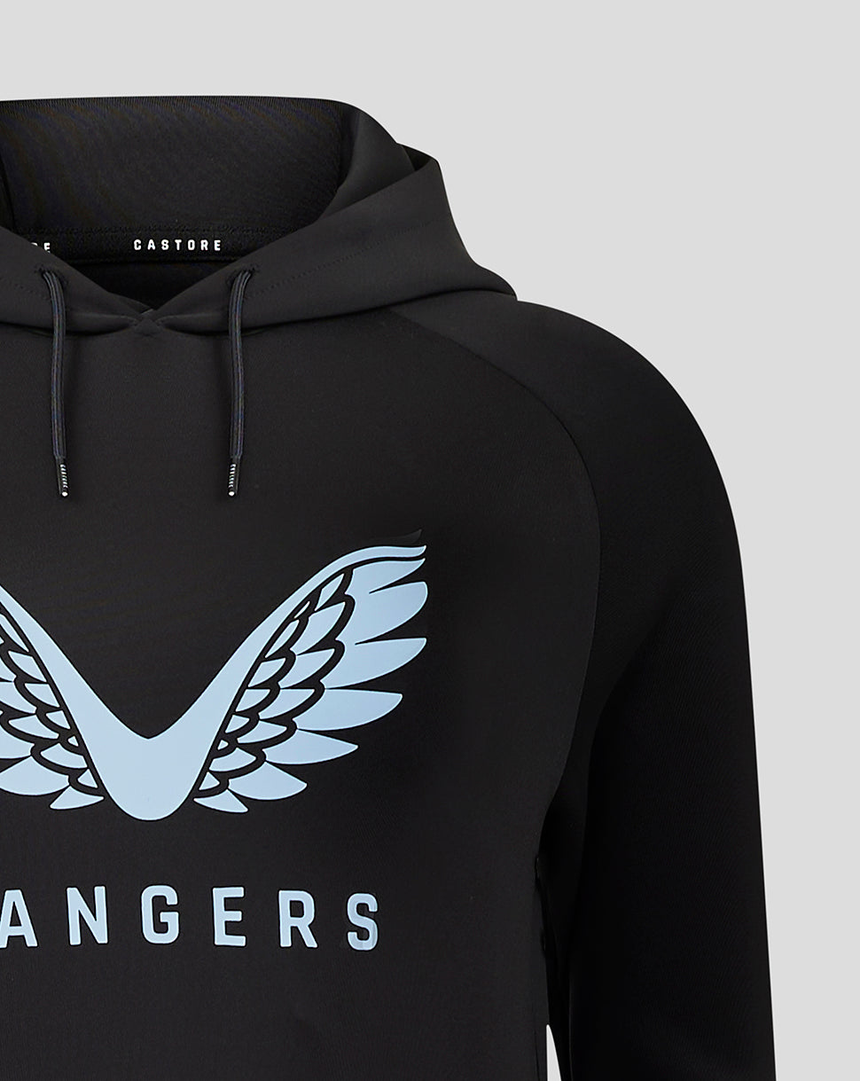 Front view of black Rangers hoodie showing a large pale blue wing emblem on the chest.