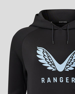 Front chest view of a black Rangers hoodie with pale blue wing logo and Rangers lettering.
