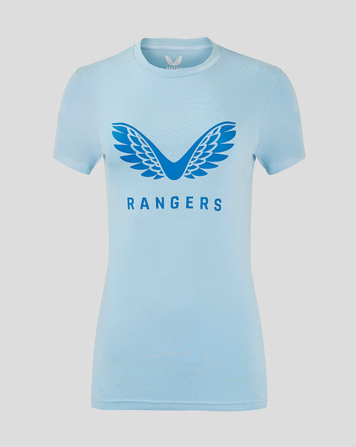 Women's light blue Rangers Logo T Shirt featuring a large front wing emblem and Rangers text