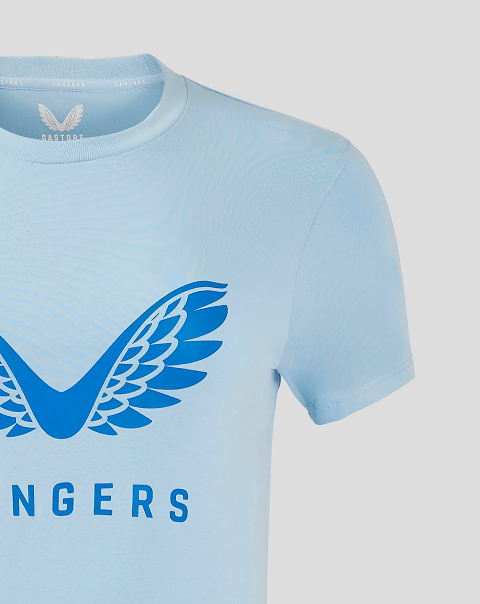 Light blue Rangers women's Pro Players T shirt with a screen printed Castore wings graphic on the front chest