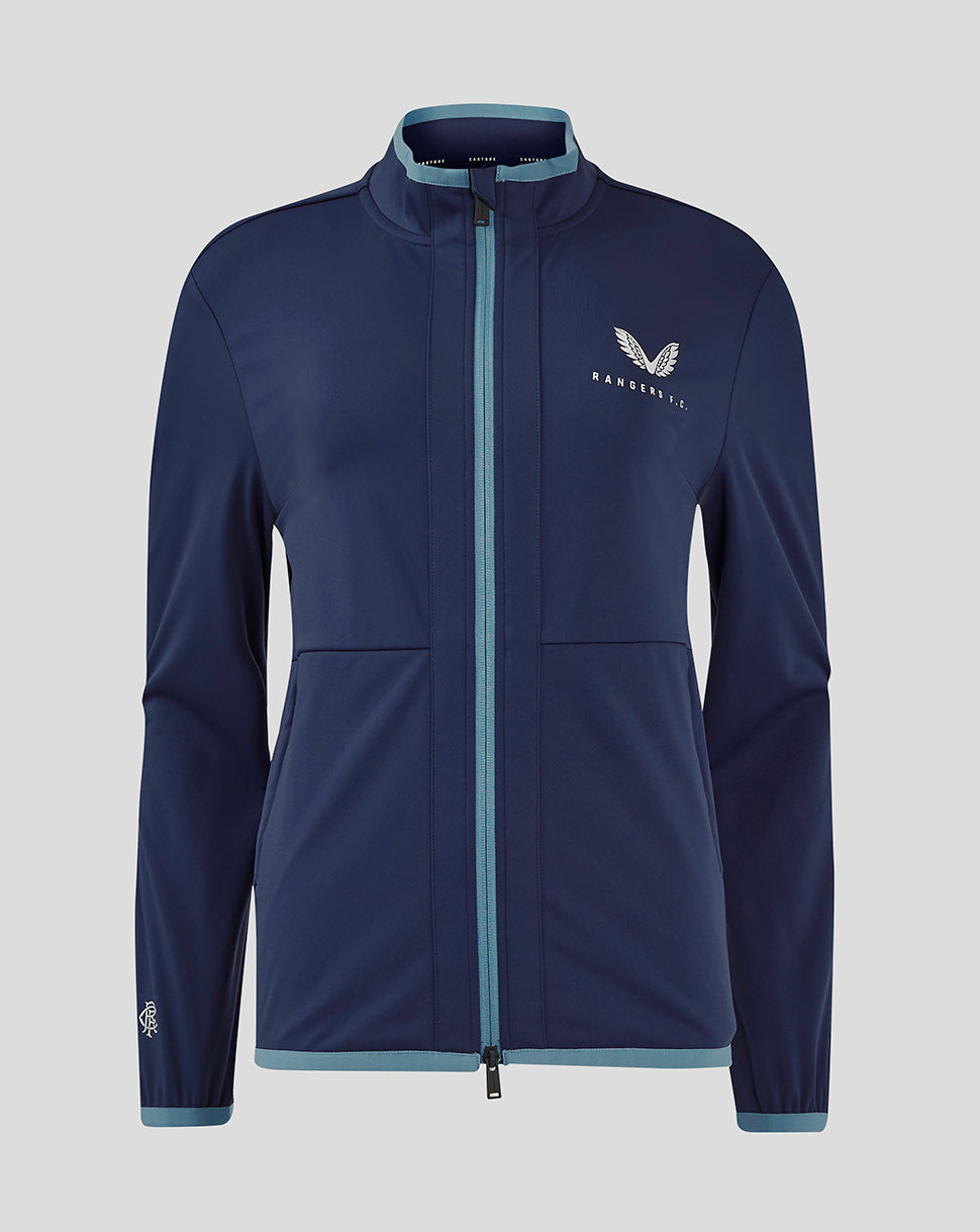 Navy Rangers FC travel softshell jacket for women with teal trim and funnel neck, front view