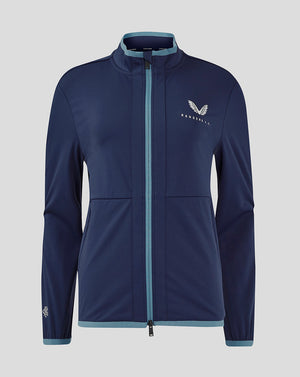 Navy Rangers FC travel softshell jacket for women with teal trim and funnel neck, front view