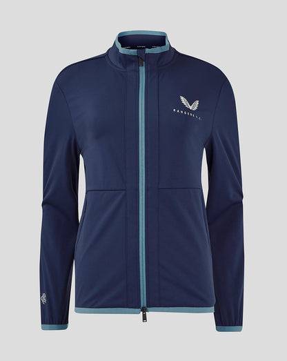 Navy Rangers FC travel softshell jacket for women with teal trim and funnel neck, front view