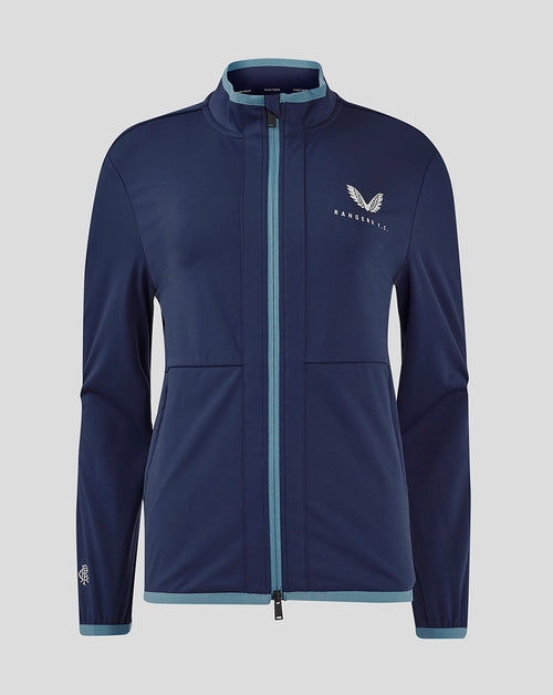 Navy Rangers FC travel softshell jacket for women with teal trim and funnel neck, front view