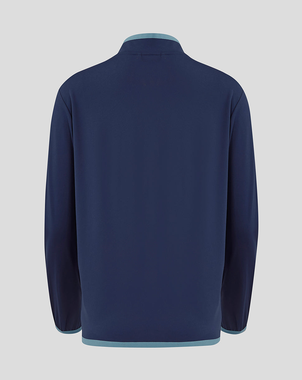 Back view of navy Rangers travel softshell jacket with light blue binding at collar and hem