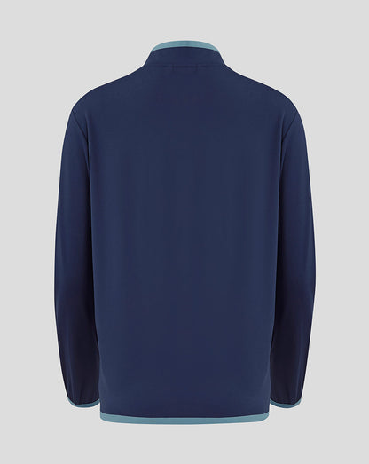 Back view of navy Rangers travel softshell jacket with light blue binding at collar and hem