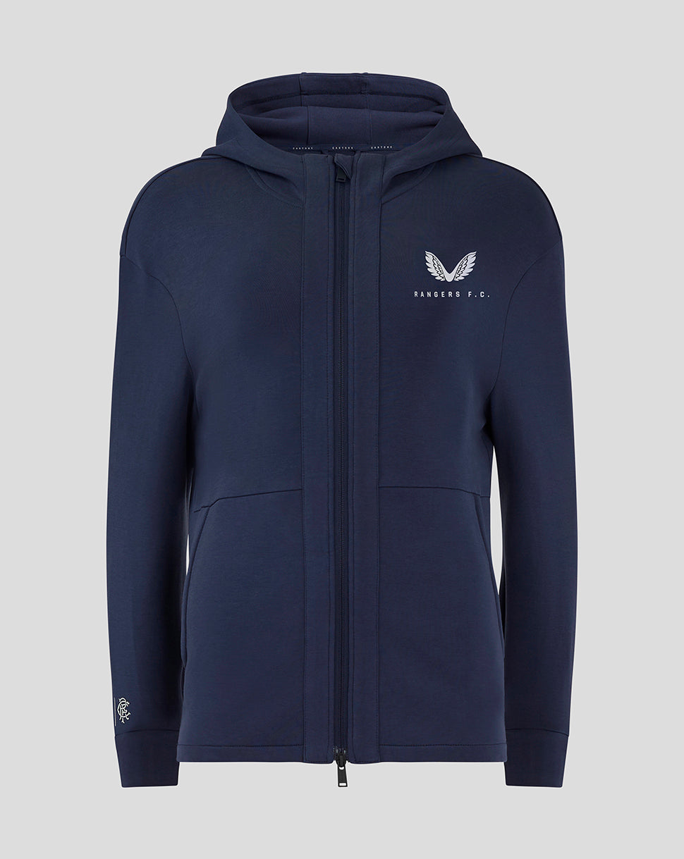 Front view of navy Rangers Women Hooded Travel Jacket showing three piece hood funnel neck light blue zip and chest branding