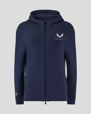 Front view of navy Rangers Women Hooded Travel Jacket showing three piece hood funnel neck light blue zip and chest branding