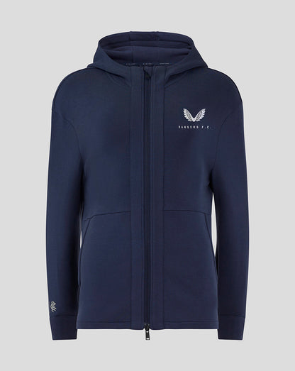 Front view of navy Rangers Women Hooded Travel Jacket showing three piece hood funnel neck light blue zip and chest branding