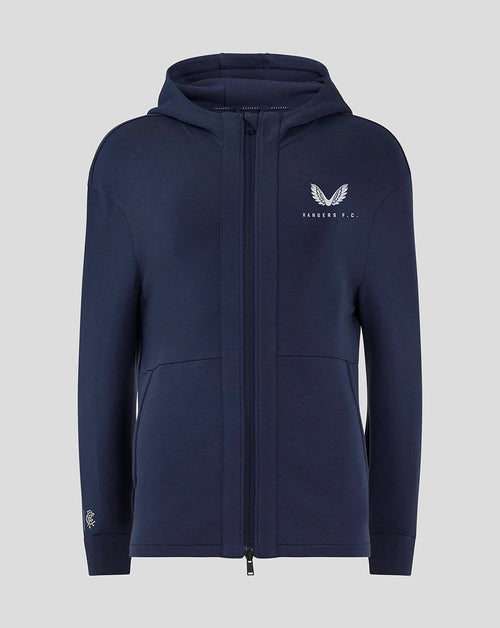Front view of navy Rangers Women Hooded Travel Jacket showing three piece hood funnel neck light blue zip and chest branding