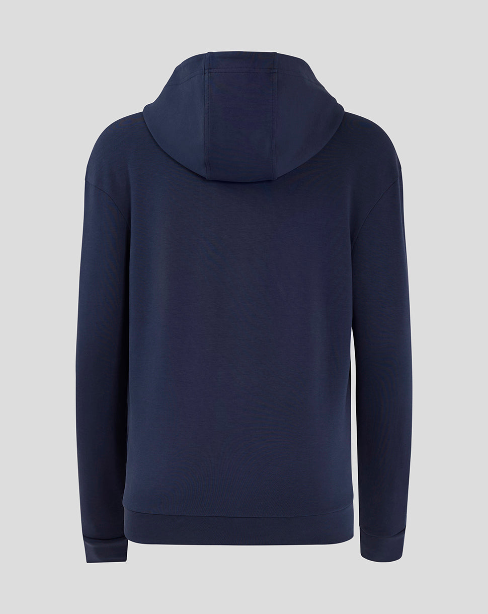 Rear view of navy Rangers F.C. hooded travel jacket showing large hood