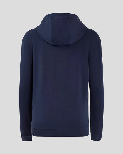 Rear view of navy Rangers F.C. hooded travel jacket showing large hood