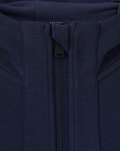 Close-up of zipper area at back neck on navy Rangers travel jacket with Castore branding
