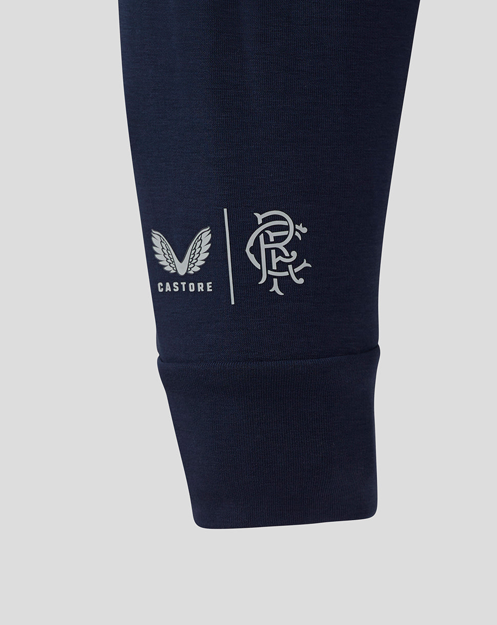 Close up of navy Rangers jacket sleeve cuff with Castore branding and club crest