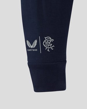 Close up of navy Rangers jacket sleeve cuff with Castore branding and club crest