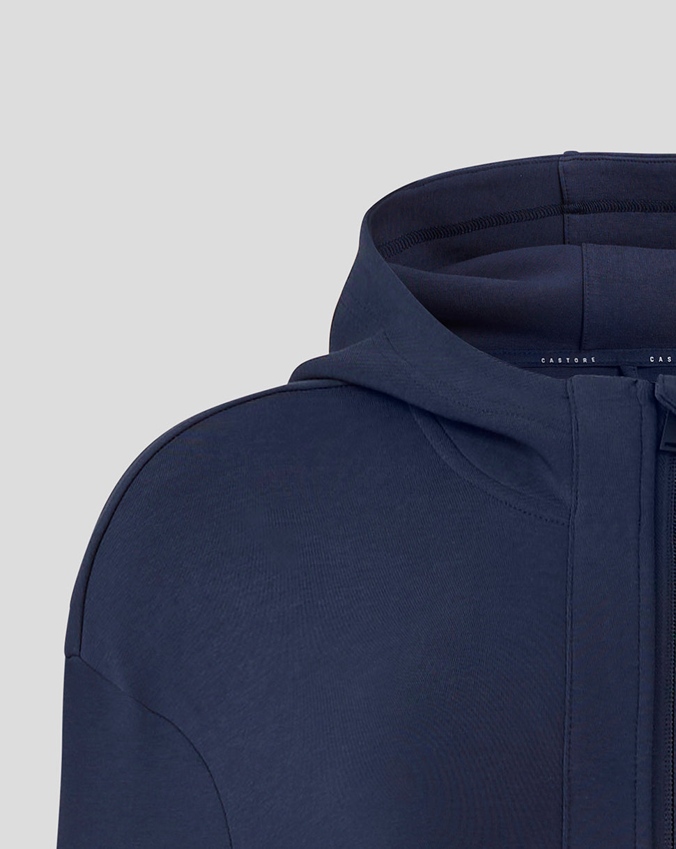 Navy Rangers Womens travel jacket close up shows the three piece hood and funnel neck collar
