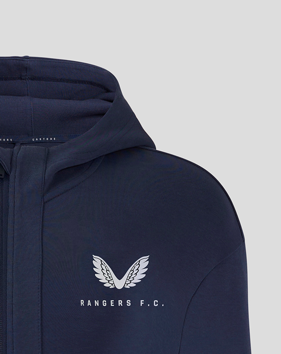 Navy Rangers F.C. travel jacket left chest with white wing crest and branding
