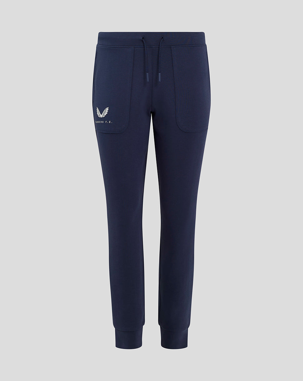 Navy Rangers Womens travel pant front view with external drawstrings and side seam zipped pockets