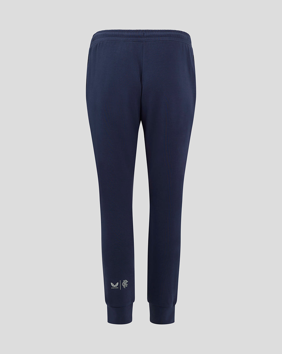 Back view of navy Rangers Women Travel Pant with elastic waistband and ribbed cuffs