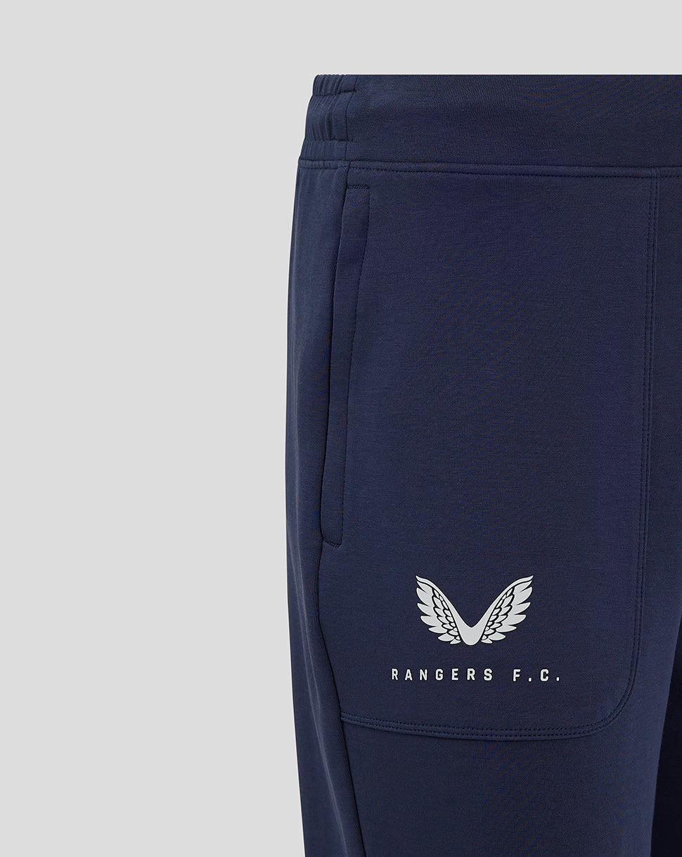 Navy Rangers Womens travel pant close up with pocket featuring white wings logo and Rangers FC text