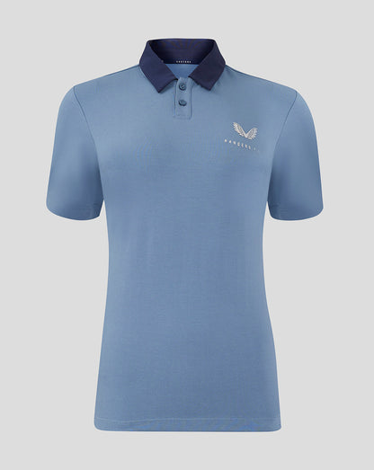 Front view of light blue Rangers Women Travel Polo with dark collar and crest on left chest