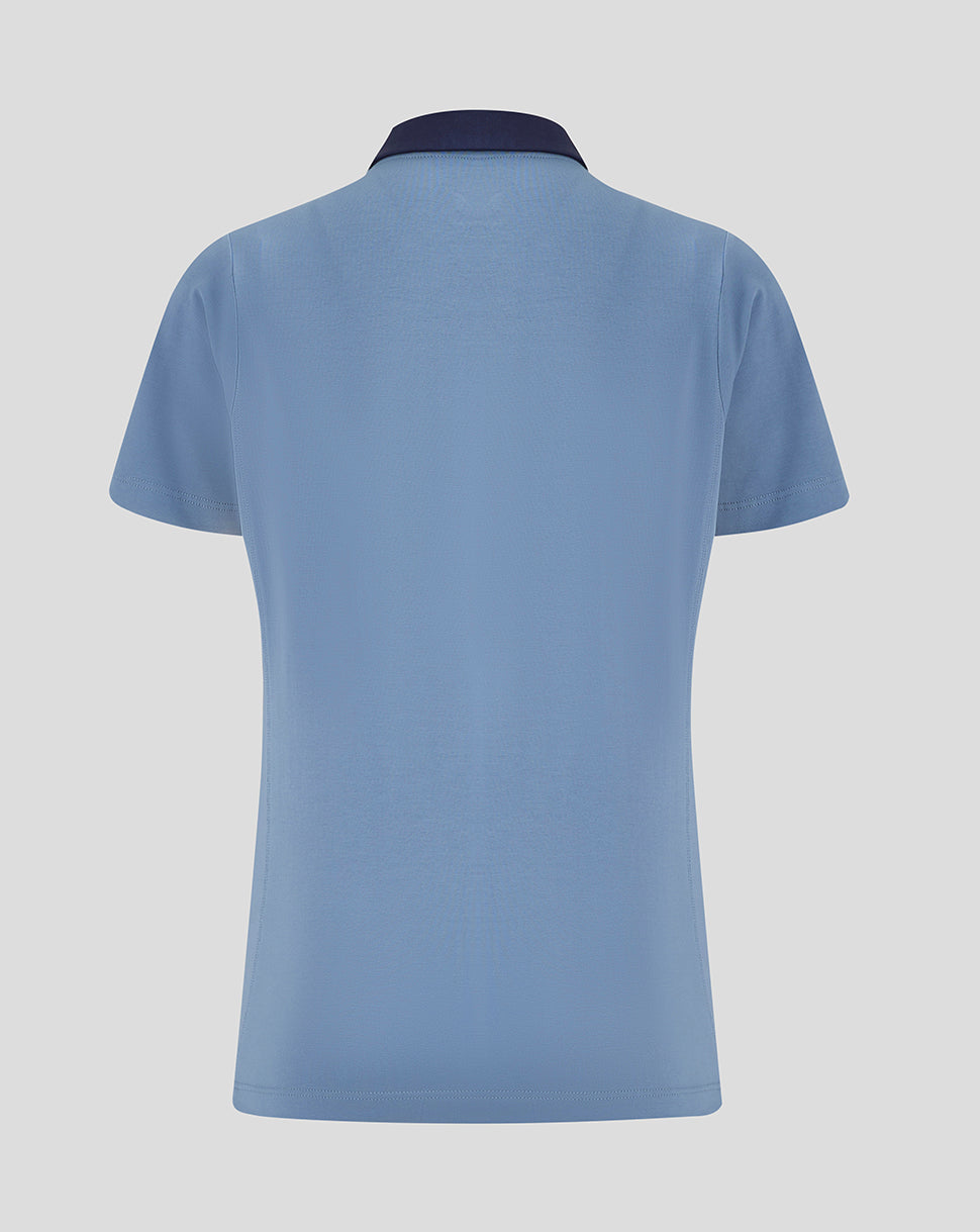 Back view of light blue Rangers FC travel polo with dark navy collar and short sleeves