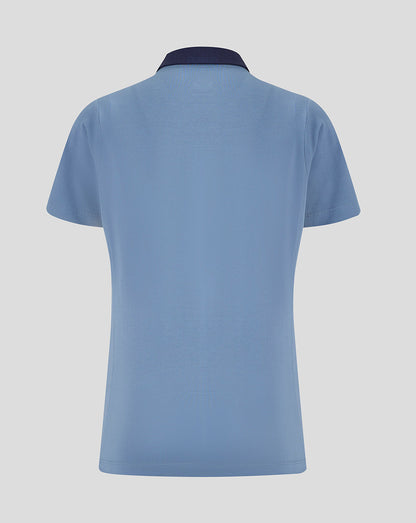 Back view of light blue Rangers FC travel polo with dark navy collar and short sleeves