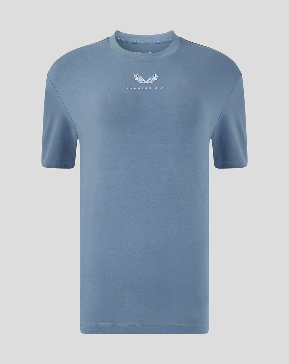 Light blue Rangers FC travel short sleeve T shirt front view with centered white club crest on the chest