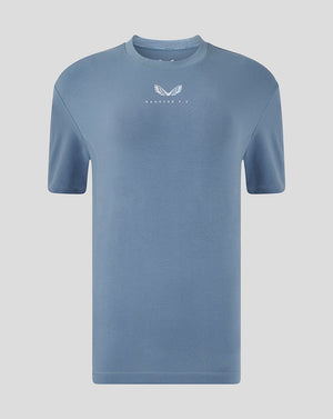 Light blue Rangers FC travel short sleeve T shirt front view with centered white club crest on the chest