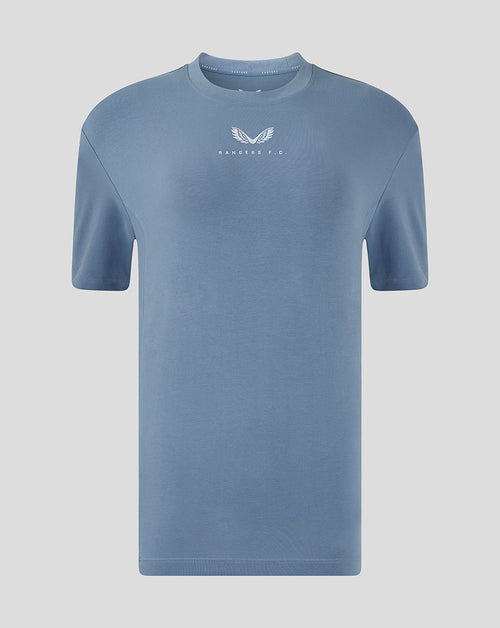 Light blue Rangers FC travel short sleeve T shirt front view with centered white club crest on the chest