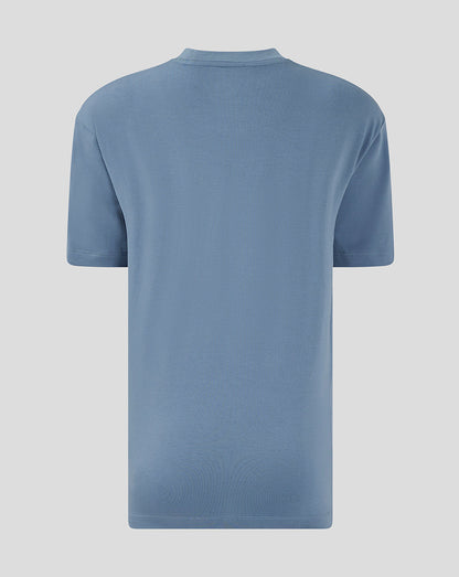 Back view of light blue Rangers Women Travel Short Sleeve T Shirt with relaxed oversized fit.