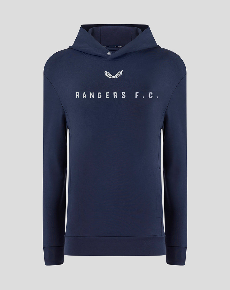 Navy Rangers F C travel hoody with centered white logo and wing emblem