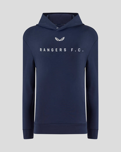 Navy Rangers F C travel hoody with centered white logo and wing emblem