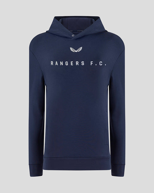 Navy Rangers F C travel hoody with centered white logo and wing emblem