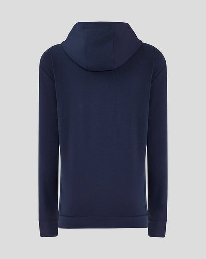 Rear view of navy Rangers F.C Travel Logo Hoody showing hood and clean silhouette