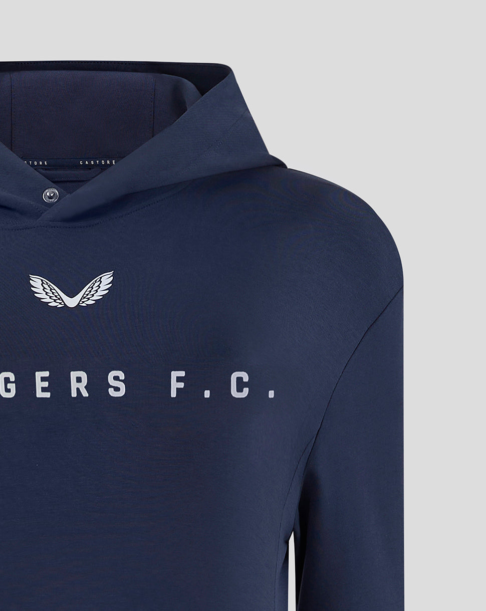 Navy Rangers F.C Travel Logo Hoody with white wing crest and branding across the chest