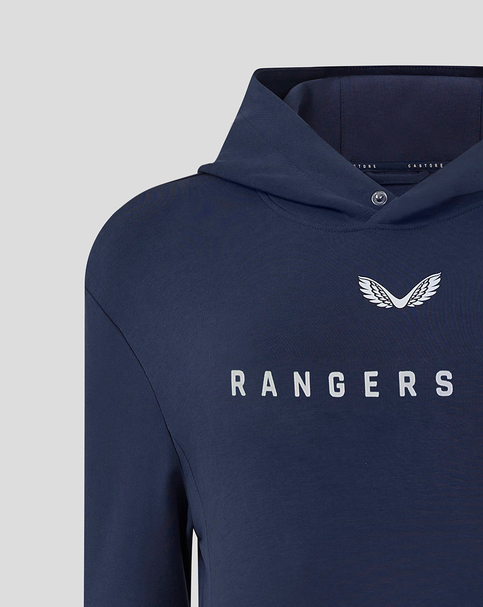 Close-up of navy Rangers F C hoody chest with wing emblem above the RANGERS lettering