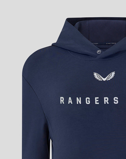 Close-up of navy Rangers F C hoody chest with wing emblem above the RANGERS lettering