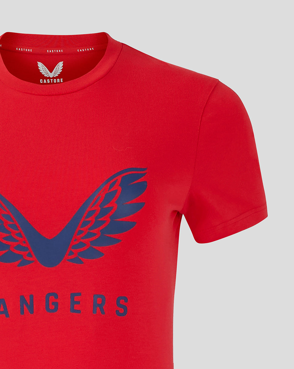 Red training T shirt with large blue wing emblem on the front and Rangers branding