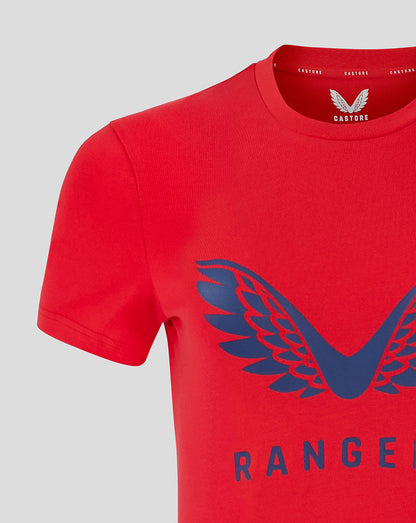 Red Rangers training T shirt with blue wing logo and RANGERS lettering on the chest