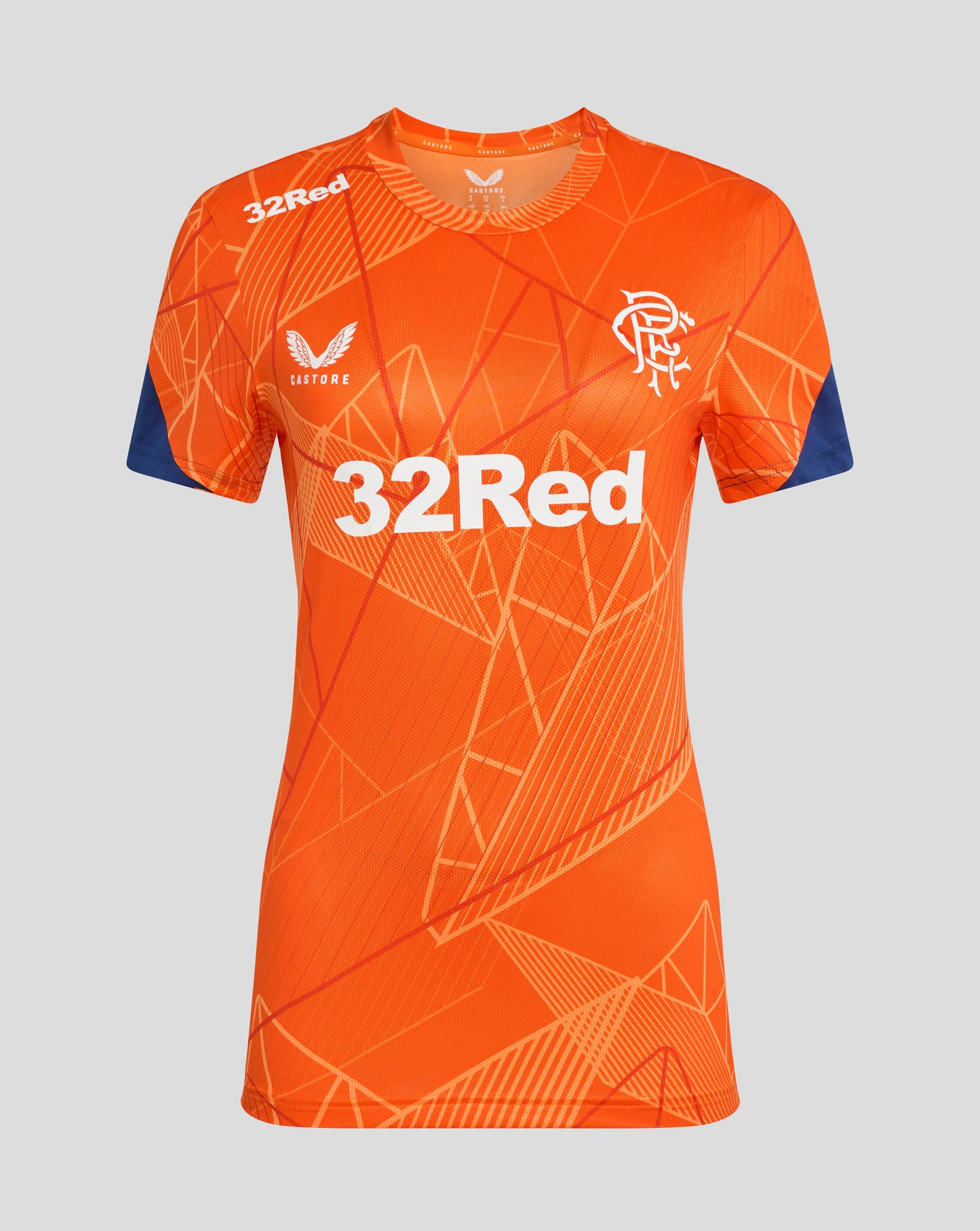 Orange Rangers 24/25 women's league matchday T shirt with a geometric pattern and white 32Red sponsor across the chest.