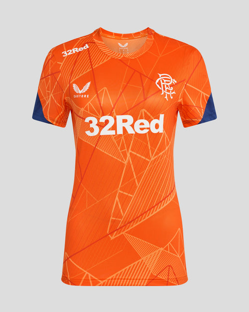 Orange Rangers 24/25 women's league matchday T shirt with a geometric pattern and white 32Red sponsor across the chest.