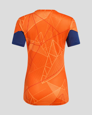 Rear view of orange Rangers 24/25 women's league matchday T shirt with geometric pattern and navy sleeve cuffs.