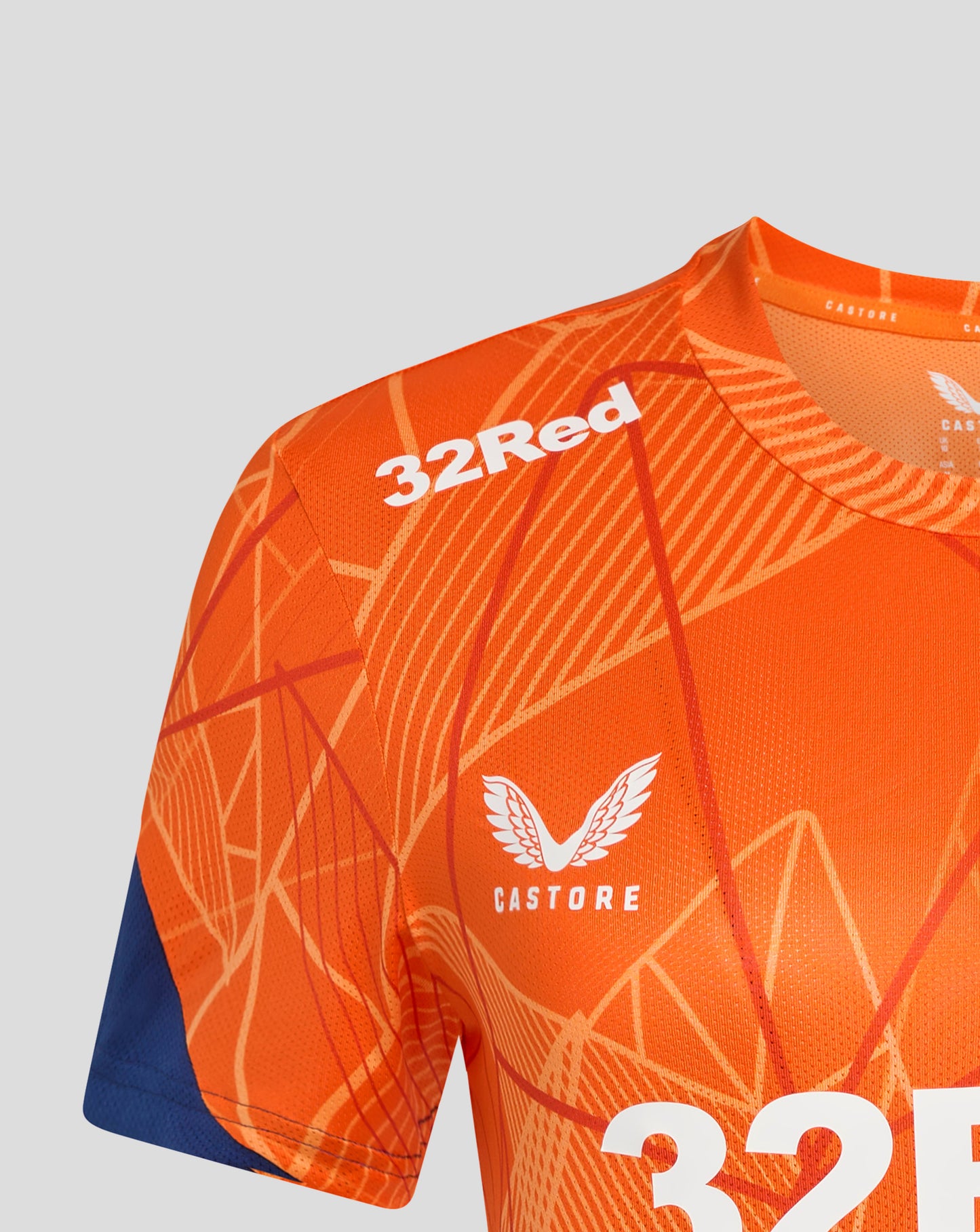 Rangers 24/25 Women's League Matchday T Shirt in bright orange with geometric pattern and white branding