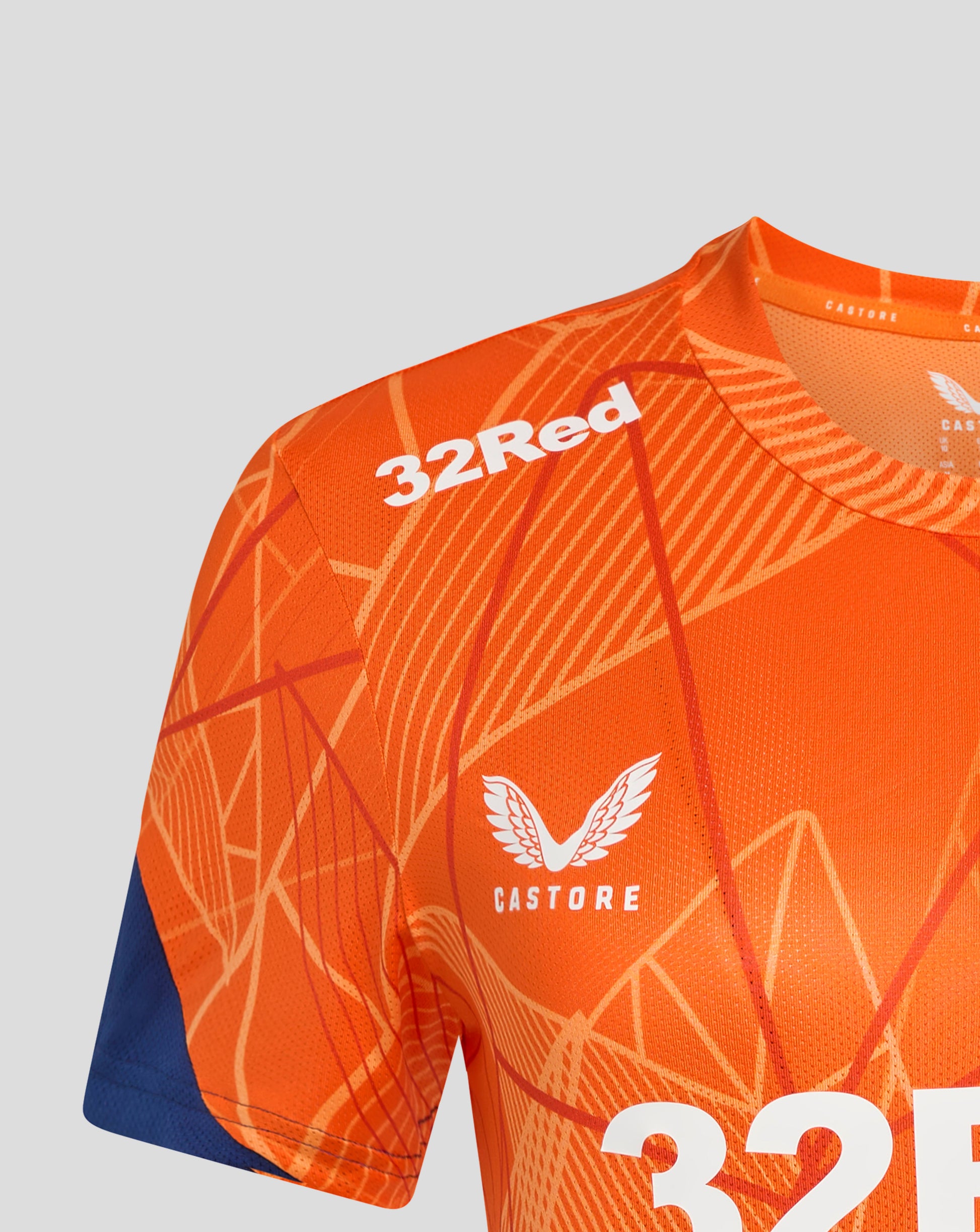 Rangers 24/25 Women's League Matchday T Shirt in bright orange with geometric pattern and white branding