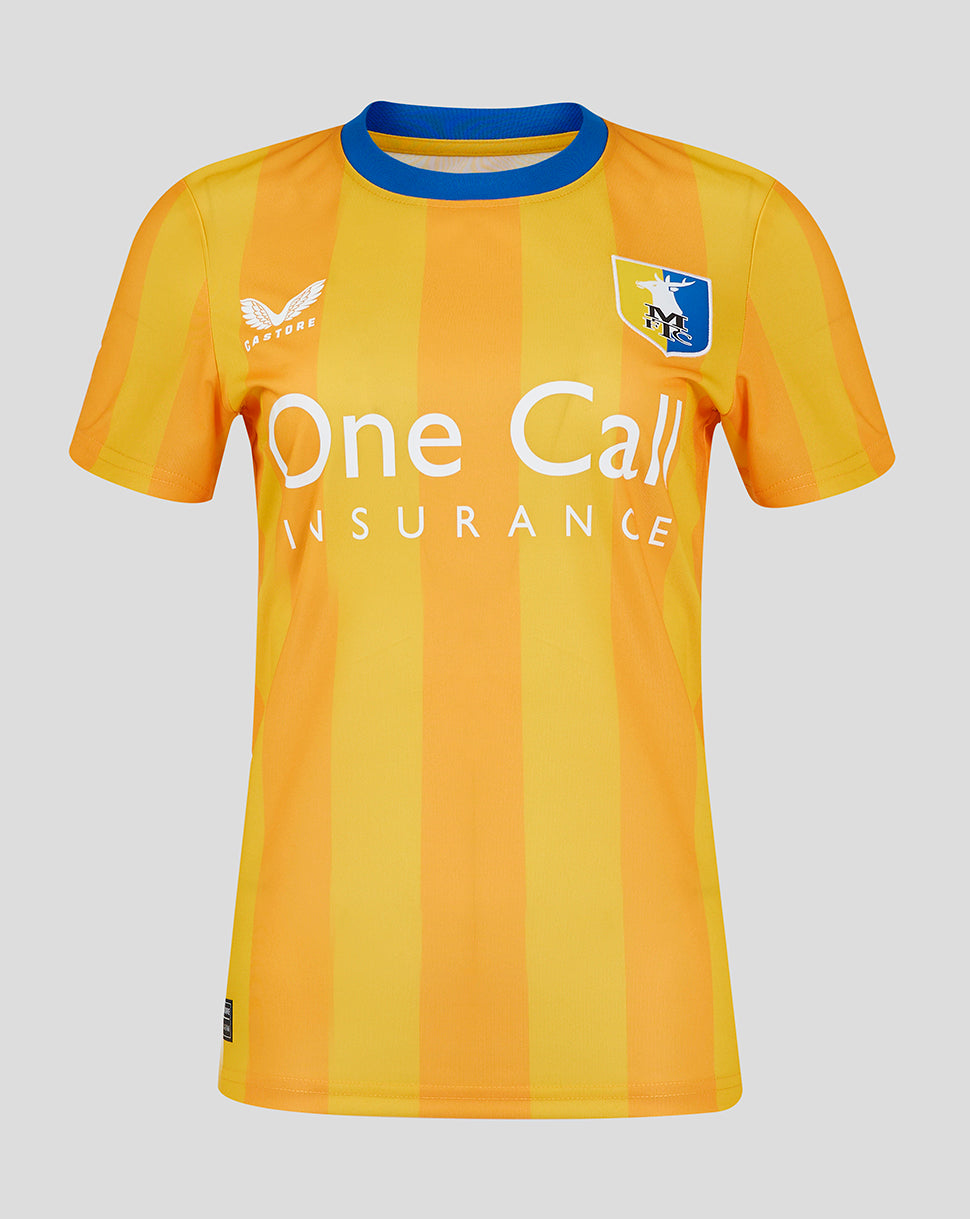 Front view of Mansfield women's yellow striped home shirt with One Call Insurance across the chest and a crest on the left chest