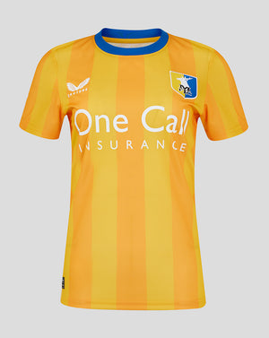 Front view of Mansfield women's yellow striped home shirt with One Call Insurance across the chest and a crest on the left chest