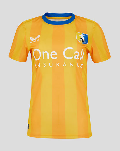 Front view of Mansfield women's yellow striped home shirt with One Call Insurance across the chest and a crest on the left chest