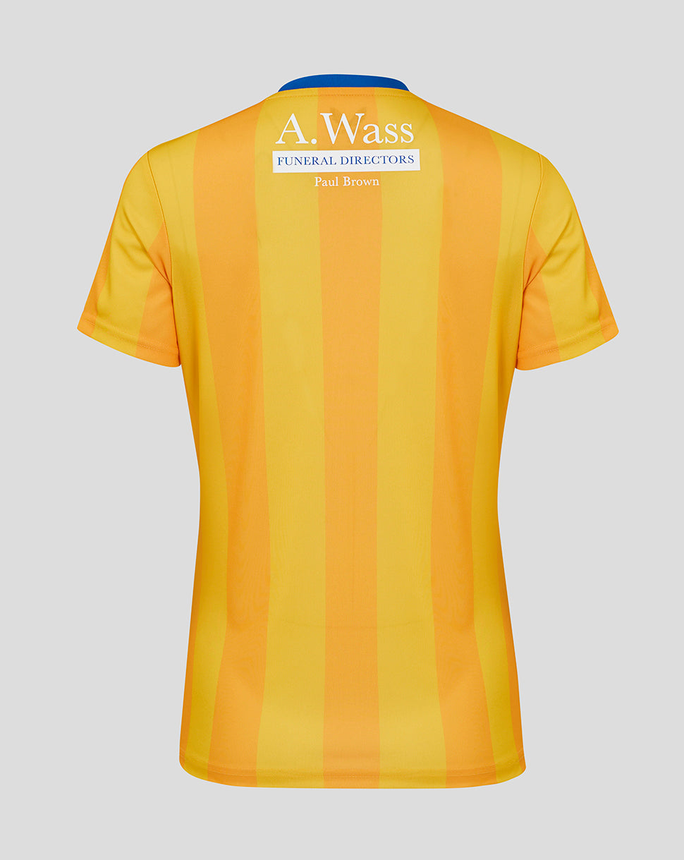 Back view of Mansfield women's yellow striped home shirt with A Wass Funeral Directors across the upper back