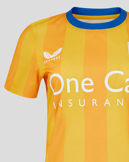 Mansfield women's home short sleeve shirt with yellow orange stripes blue crew neck and chest crest branding
